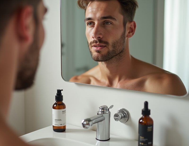 Oljig hud för män: produkter, verktyg och vanor 1 Man med oljig hud framför badrumsspegel med hudvårdsprodukter