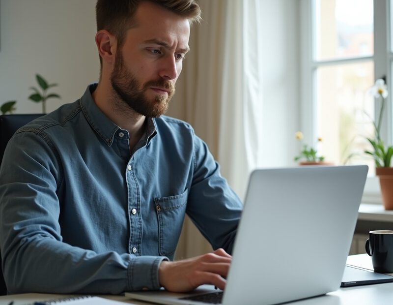 Man uppdaterar sin LinkedIn-profil på laptop vid skrivbord