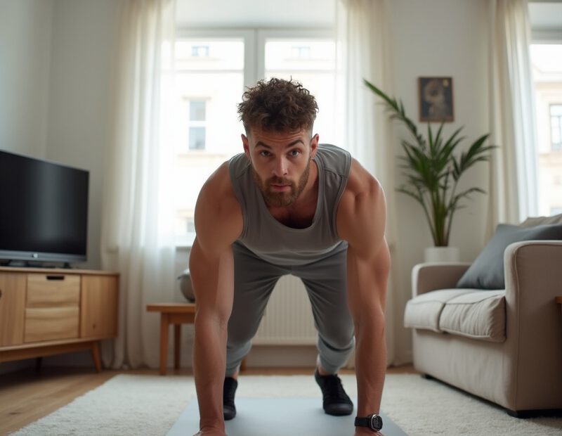 Man tränar hemma i litet vardagsrum med kroppsviktsövningar
