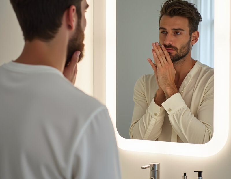 Man gör enkel hudvårdsrutin för oljig hud i badrum