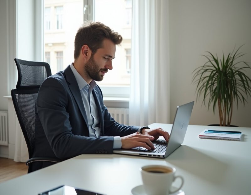 Man uppdaterar sin LinkedIn-profil vid laptop på ett ljust hemmakontor