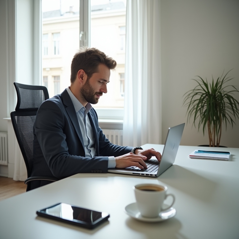 Hem 18 Man uppdaterar sin LinkedIn-profil vid laptop på ett ljust hemmakontor
