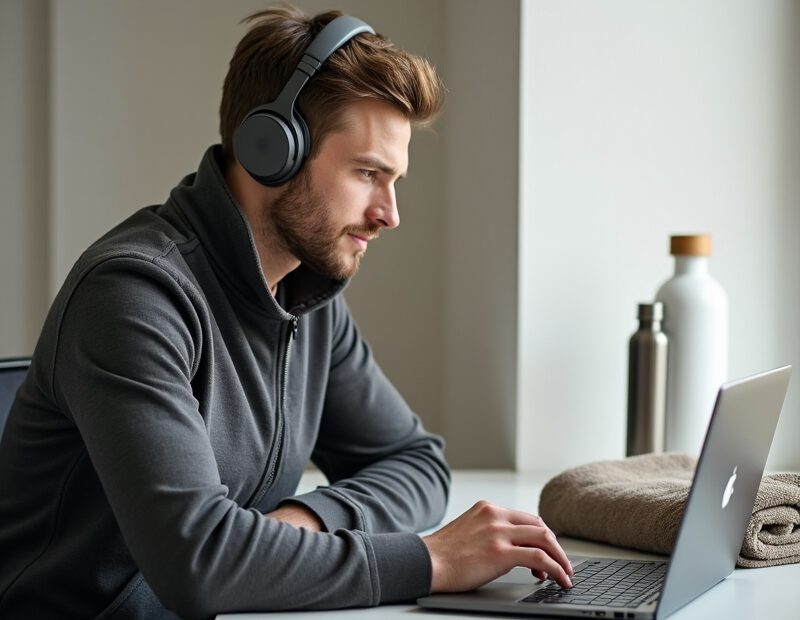 Man väljer hörlurar vid skrivbord med mobil, laptop och träningsväska