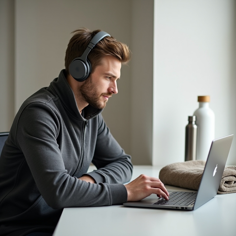 Hem 17 Man väljer hörlurar vid skrivbord med mobil, laptop och träningsväska