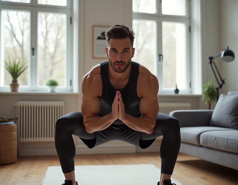 Man tränar hemma i litet vardagsrum med kroppsviktsövningar