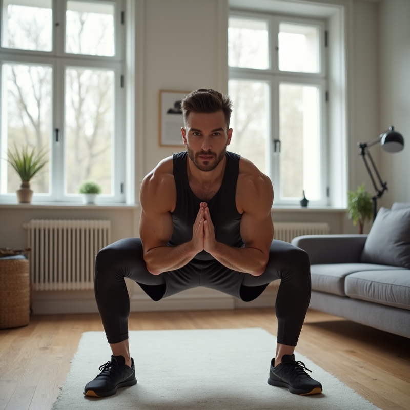 Hem 16 Man tränar hemma i litet vardagsrum med kroppsviktsövningar