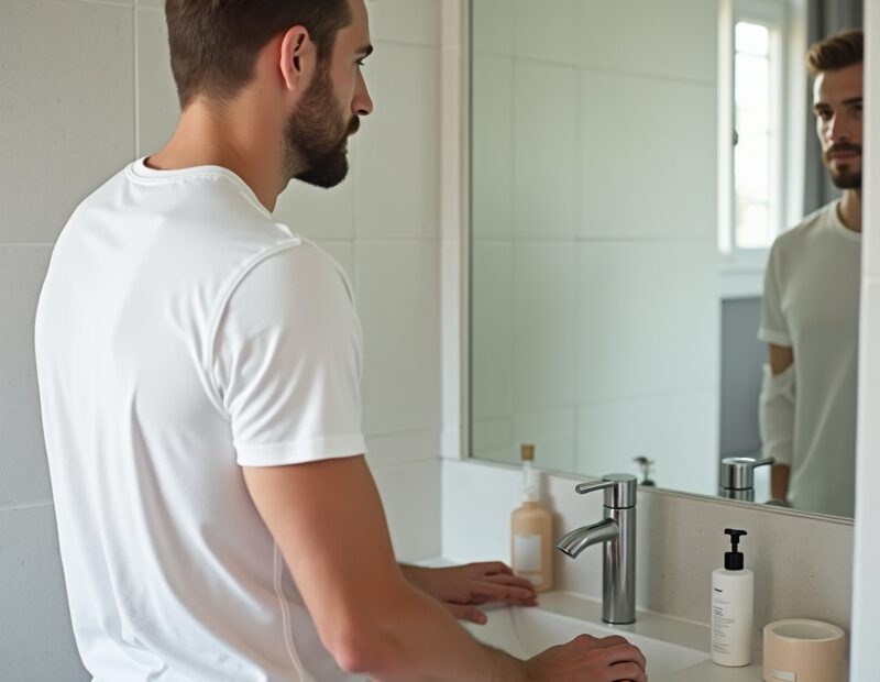Man framför badrumsspegel med enkla hudvårdsprodukter i modern miljö