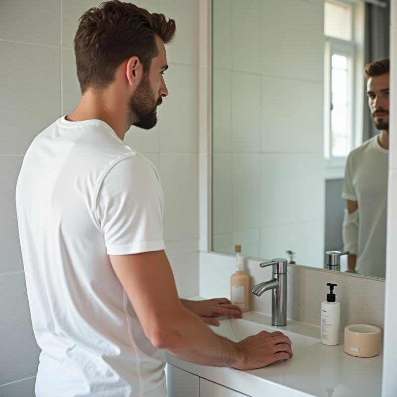 Man framför badrumsspegel med enkla hudvårdsprodukter i modern miljö