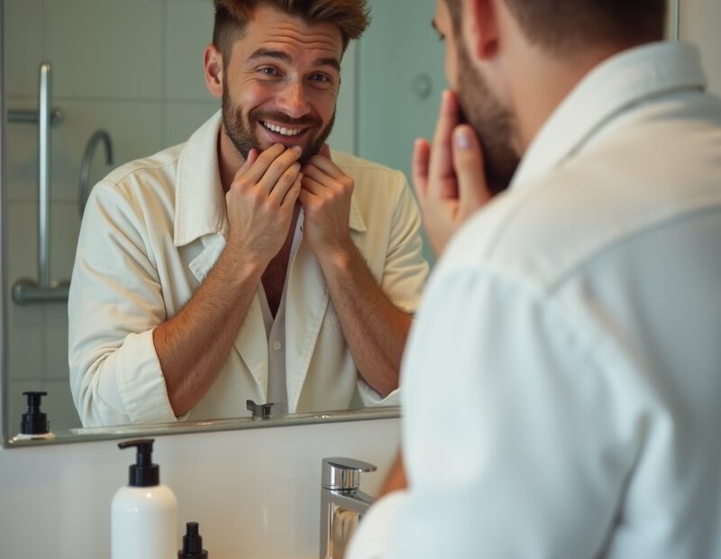 Man gör enkel hudvårdsrutin framför badrumsspegel i morgonljus