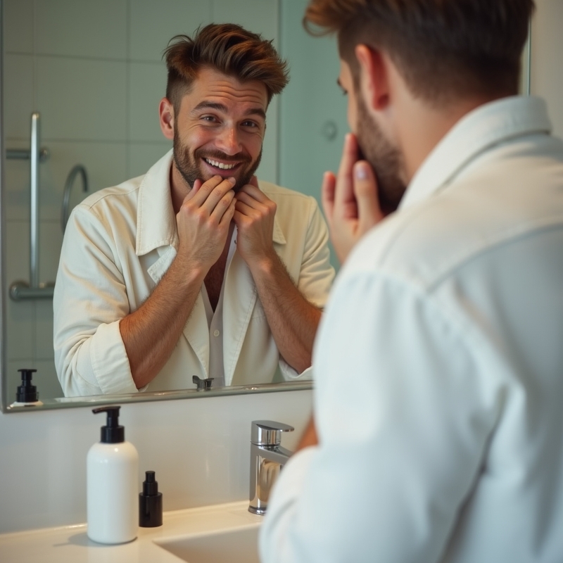 Man gör enkel hudvårdsrutin framför badrumsspegel i morgonljus