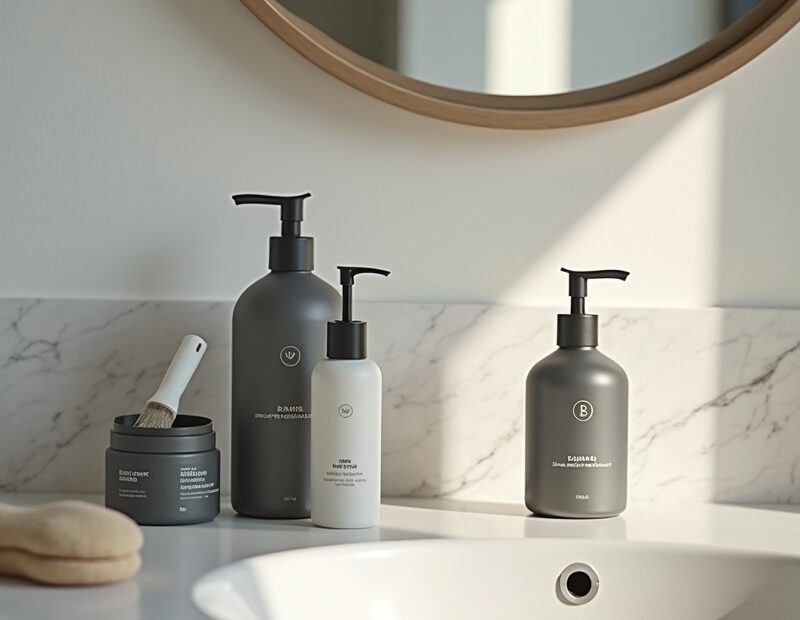 Hudvårdsprodukter för män på handfat i ljust badrum