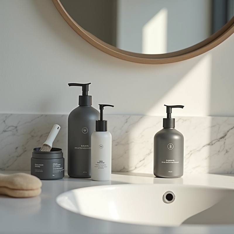 Hudvårdsprodukter för män på handfat i ljust badrum