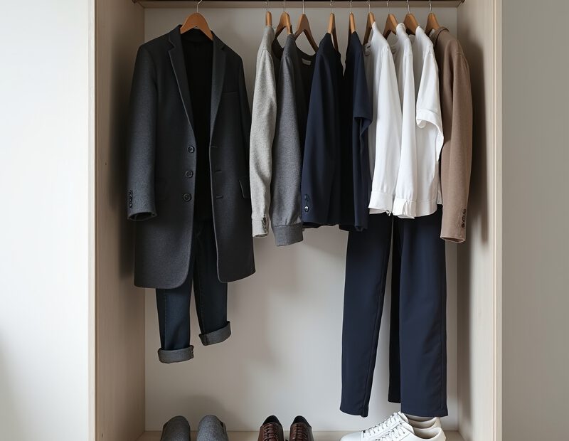 Stilren kapselgarderob för män med basplagg i neutrala färger