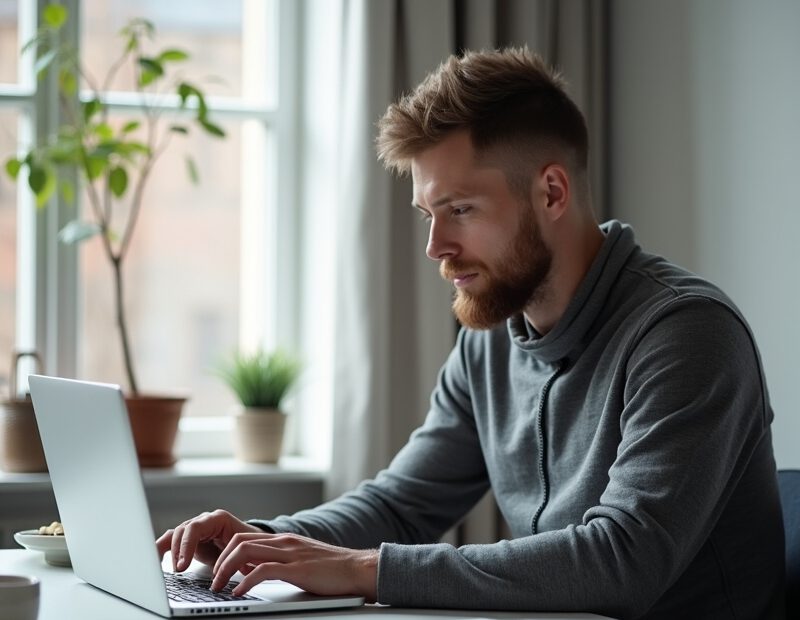 Man uppdaterar sitt CV på laptop vid skrivbord hemma