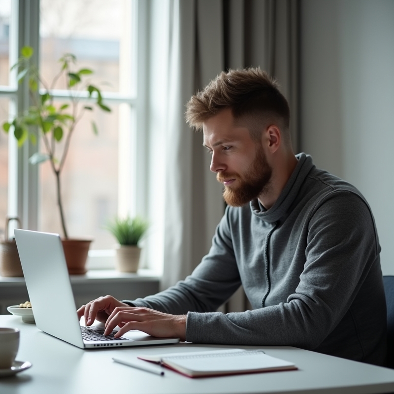 Karriär & Produktivitet 3 Man uppdaterar sitt CV på laptop vid skrivbord hemma