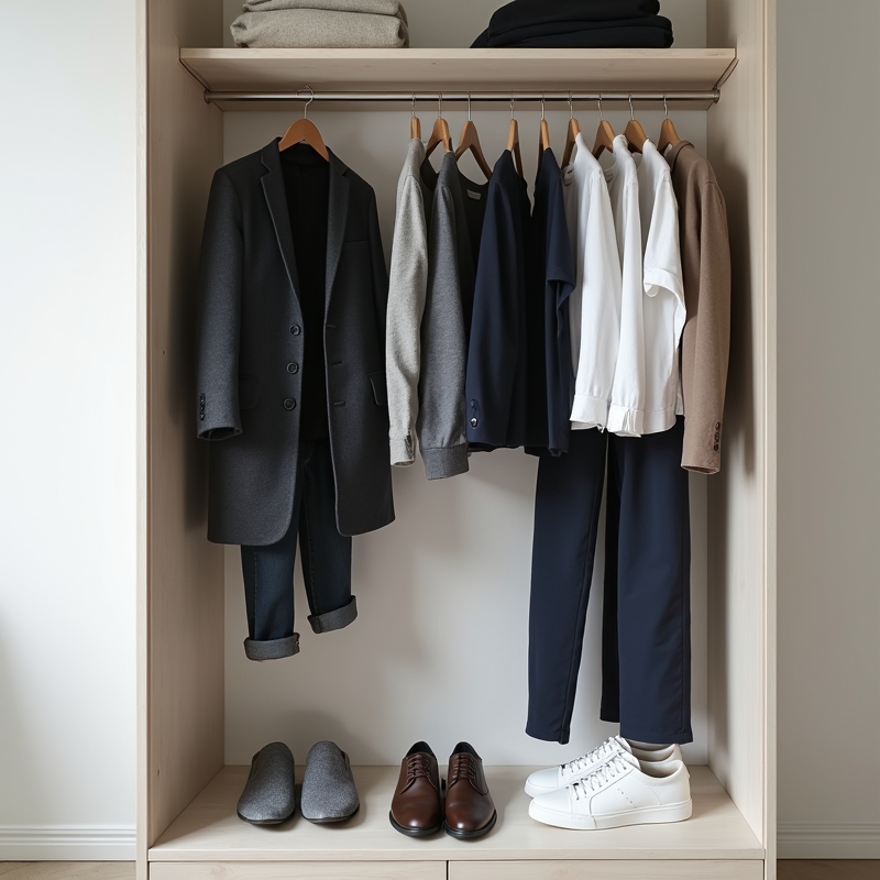 Stilren kapselgarderob för män med basplagg i neutrala färger