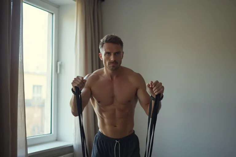 Man tränar med motståndsband hemma i en modern lägenhet