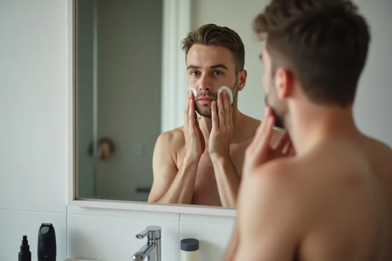 Man som förbereder huden inför rakning i badrummet