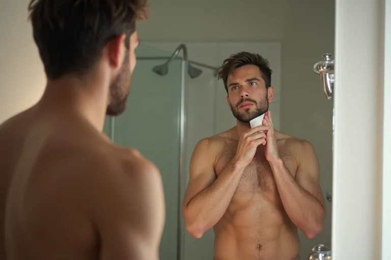 Man applicerar aftershave i badrummet efter rakning