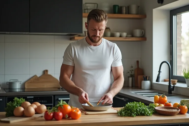 Man planerar ett enkelt proteinintag vid köksbordet med vardagsmat
