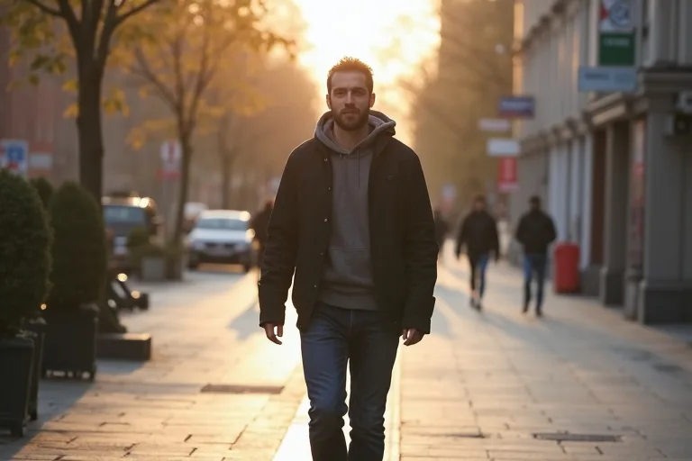 En man använder en enkel vardagsrutin för promenad med lugnt tempo och tydlig vana