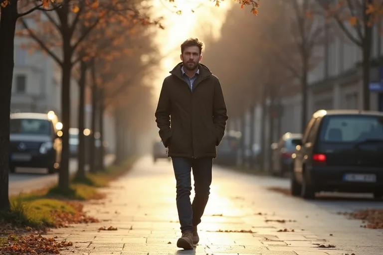 En man går i rask takt på trottoaren som en enkel vardagsrutin