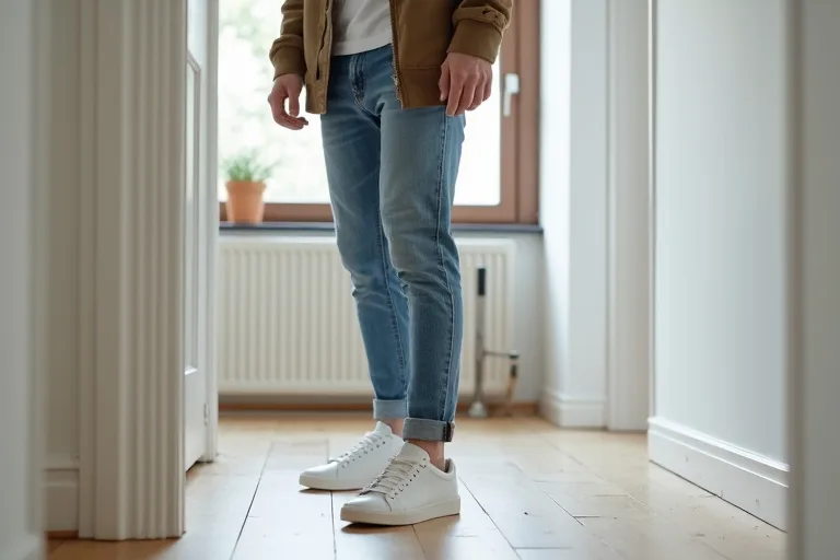 Närbild på vita sneakers som visar material och enkel konstruktion
