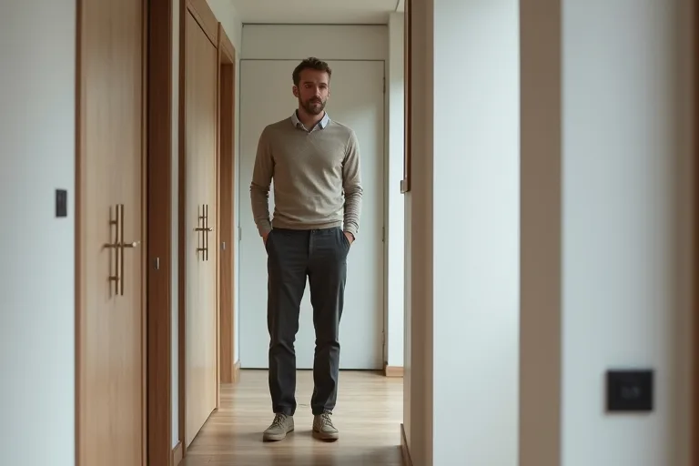 En man provar chinos framför spegeln i en modern vardagsnära miljö