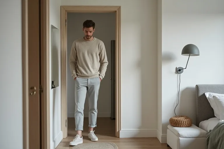 En man väljer chinos i en enkel och tydlig garderobssituation