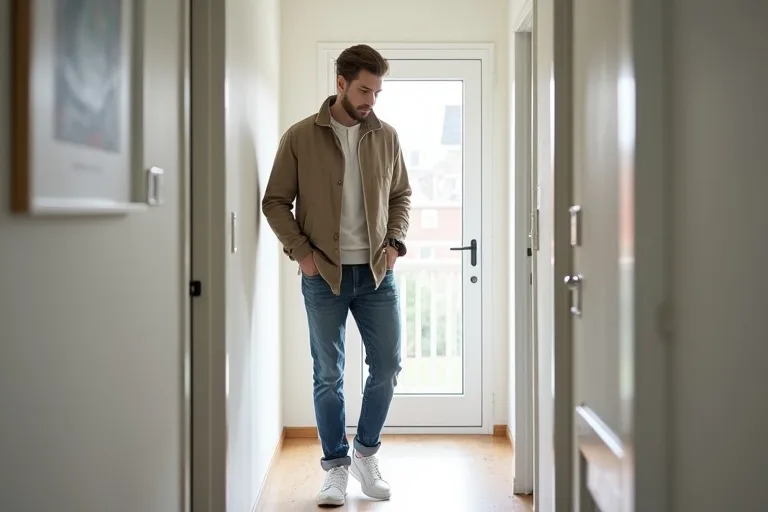 Man som provar vita sneakers i en modern hallmiljö