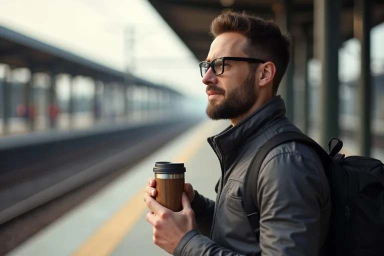 Mannen använder en isolerad travel mug som håller drycken varm på väg till jobbet