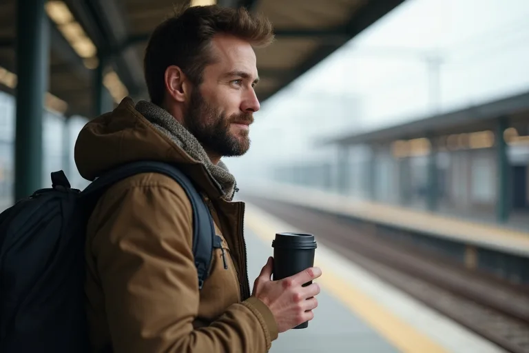 Man som använder en travel mug i vardagen under pendling