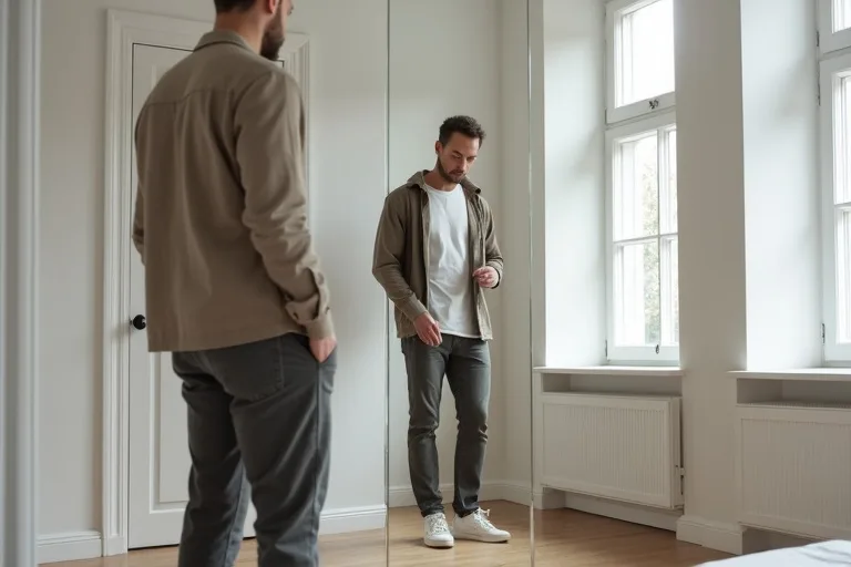 En man provar en overshirt framför spegeln i en vardaglig hemmamiljö