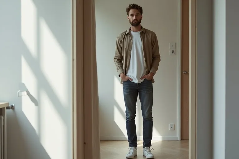 En man bedömer en overshirt mot resten av garderoben i en ljus bostad