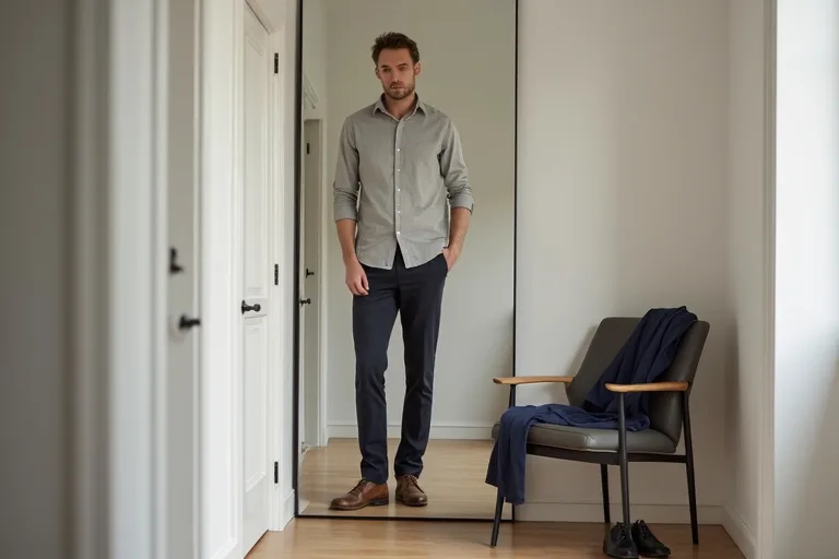 En man provar chinos framför spegeln och matchar dem med sin garderob