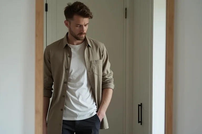 En man testar hur en overshirt fungerar som lager över en enkel t-shirt