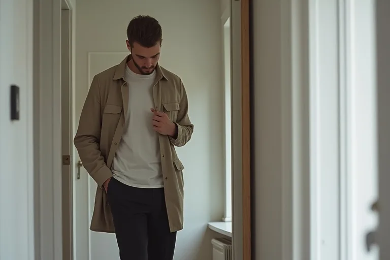En man provar en neutral overshirt framför spegeln i en vardaglig hemmamiljö