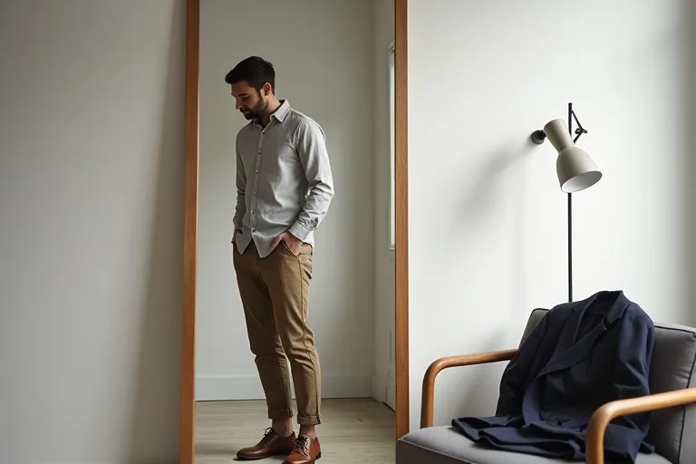 Chinos i en neutral färg som matchas mot en enkel smart casual garderob