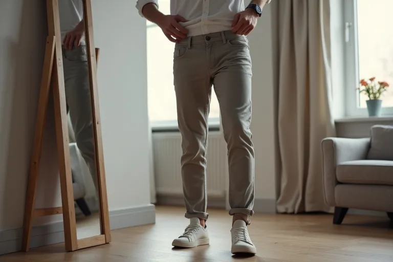 Chinos för män: vanliga misstag och hur du undviker dem 2 Man som bedömer hur chinos sitter över midja och lår i en vardaglig miljö