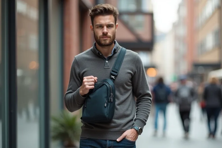 Man jämför storleken på en sling bag i vardaglig användning