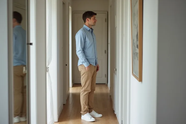 En man i välpassande chinos och skjorta i en modern vardagsmiljö