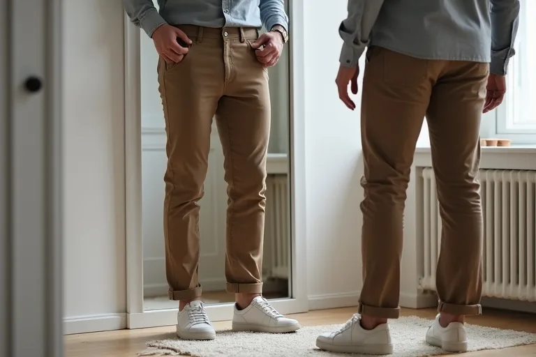 Chinos för män: vanliga misstag och hur du undviker dem 4 Man som matchar chinos med skjorta och rena skor i en enkel smart casual-stil