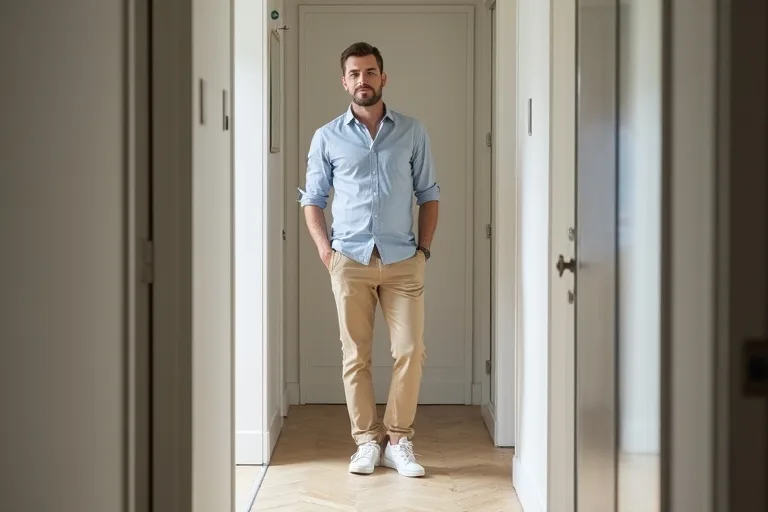 En man som provar chinos för ett smart casual köpbeslut