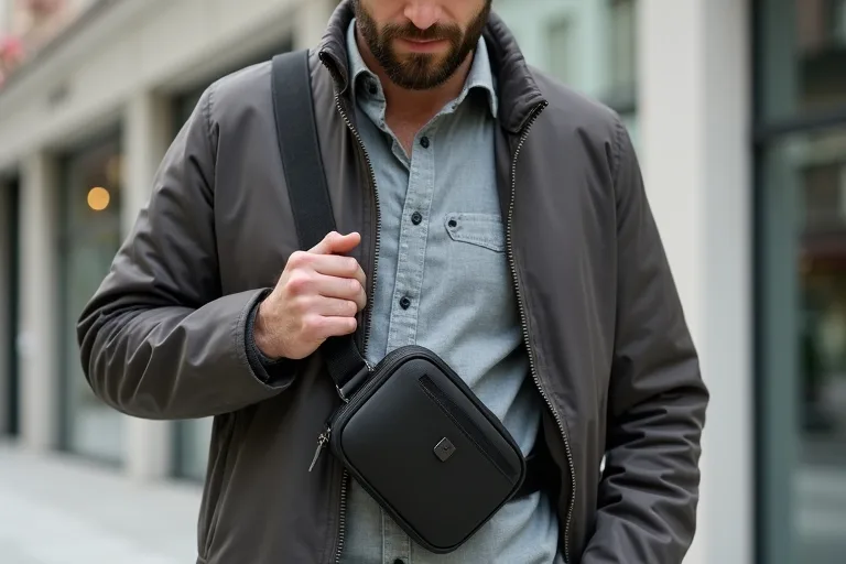 Man som provar en sling bag och bedömer passform och organisering