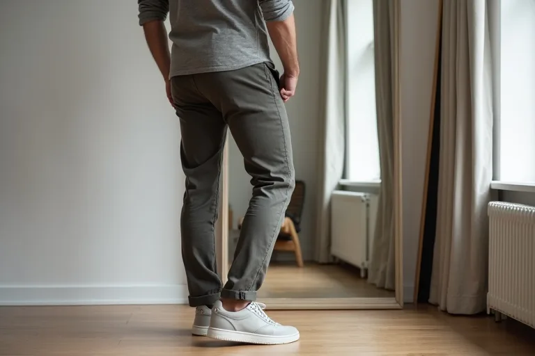 Chinos för män: vanliga misstag och hur du undviker dem 3 Man som ser över byxlängden på chinos tillsammans med rena sneakers
