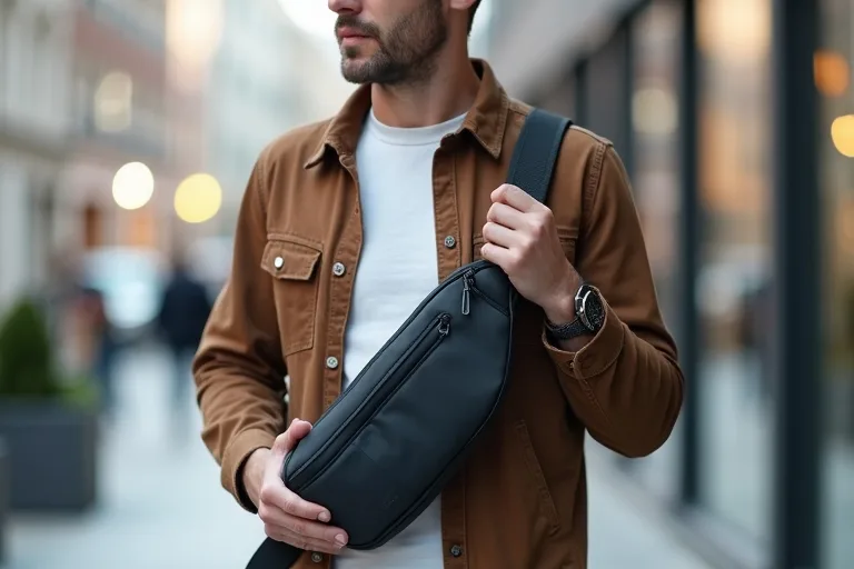 Närbild av sling bags rem och bärkomfort i urban miljö