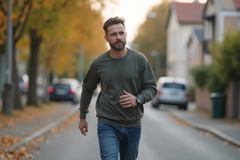 En man som förbereder sig för en promenad i vardaglig miljö
