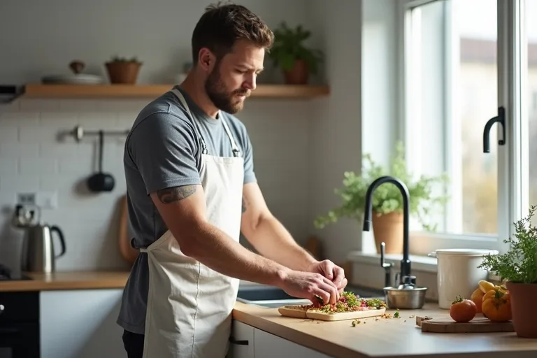 En man lägger upp mat med tydlig proteinkälla på köksbänken