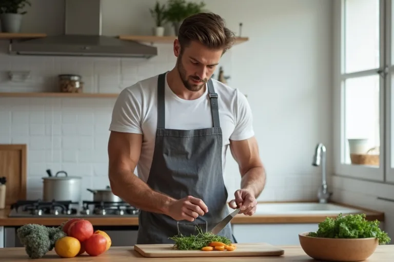 En man förbereder en snabb proteinrik lunch i ett vanligt hemmakök