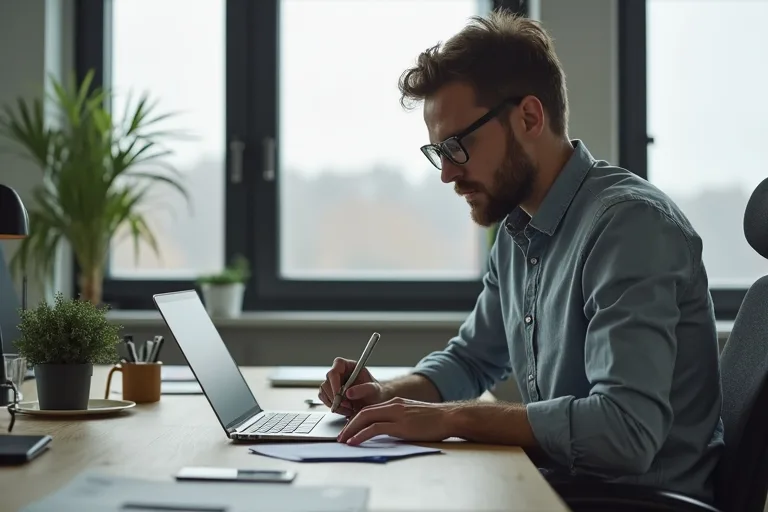 Man som skriver löneanspråk i en jobbansökan vid datorn